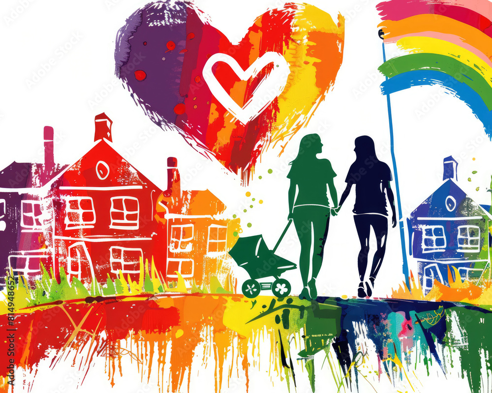 Poster a woman and a child are walking down a street with a rainbow flag in the background. the image is a 