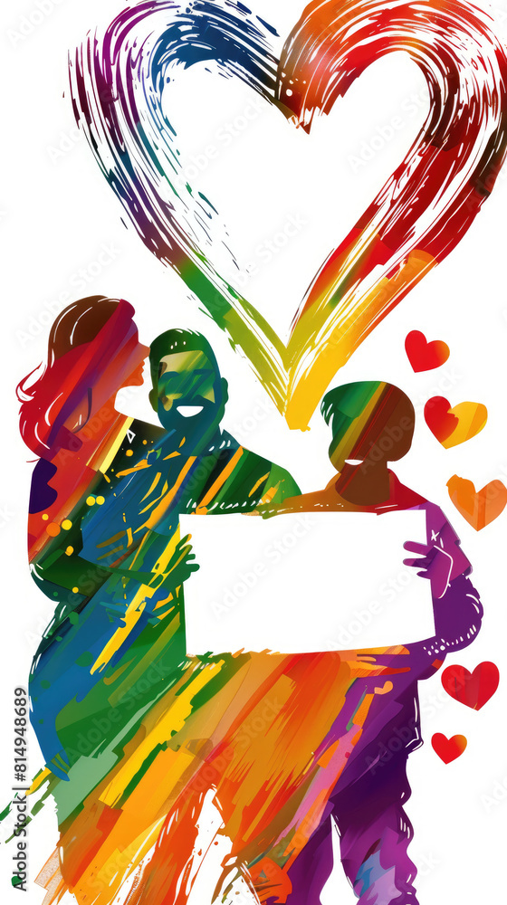 Poster a colorful painting of a rainbow heart with three people hugging and holding a sign. the painting co