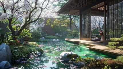 A modern Japanese garden with serene ponds and cherry blossoms backdrop