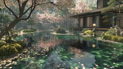 Naklejka premium Tranquil Japanese garden with ponds and cherry blossoms backdrop