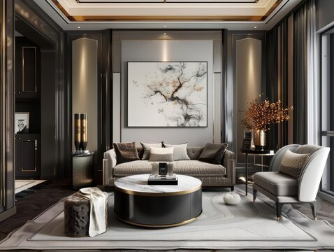In a sharply rendered 3D space, a frame mockup complements the modern classic decor, where sleek lines meet plush textures, embodying urban sophistication