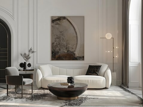 In a sharply rendered 3D space, a frame mockup complements the modern classic decor, where sleek lines meet plush textures, embodying urban sophistication