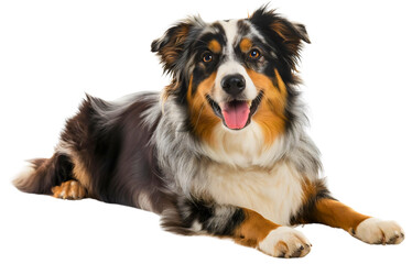 Fototapeta premium Happy joyful Australian shepherd dog breed lying on the floor, pet isolated on transparent background, animal smile with tongue out