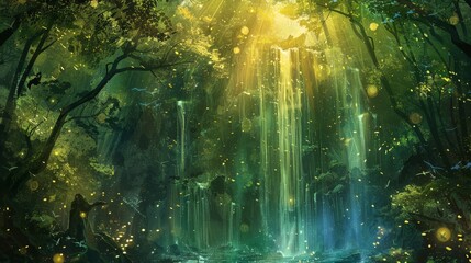 Fantastical forest with cascading falls and emerald light backdrop
