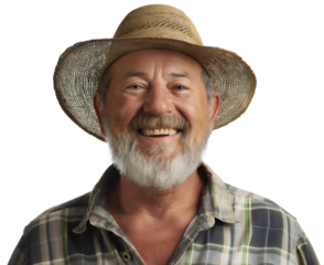 Happy smiling senior farmer wearing straw hat and farming countryside village checkered shirt clothes, closeup portrait with gray beard, isolated on transparent background. Summer agriculture worker