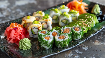 Artistic vegan sushi platter, avocado rolls, wasabi, birdseye view, minimalist style, soft studio lighting