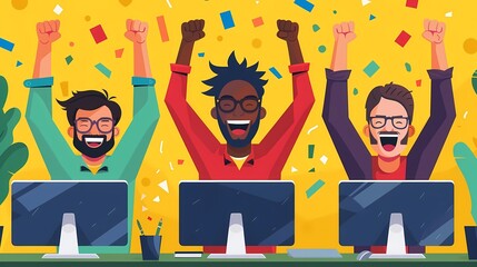 Three excited and diverse coworkers celebrate a work achievement while sitting at their office desks and raising their arms in triumph.