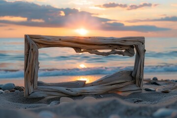 Fototapeta premium On a quiet beach at sunset, a driftwood frame mockup holds peaceful seascapes, aligning with the rhythm of the waves and the calming ocean breeze