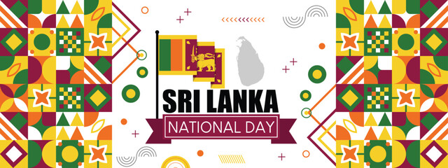 Sri lanka national day banner for independence day of srilanka. Abstract geometric banner for the national day of sri lanka in shapes of srilankan flag theme colorful icons