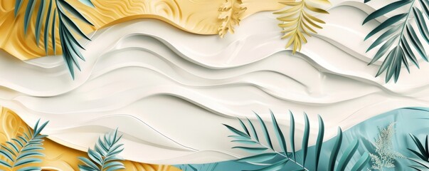 Abstract Summer Vibes: Tropical Leaves on Wavy Pastel Background with Trendy Design Elements