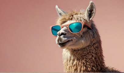 Naklejka premium Creative animal concept. Llama in sunglass shade glasses isolated on solid pastel background, commercial, editorial advertisement, surreal surrealism