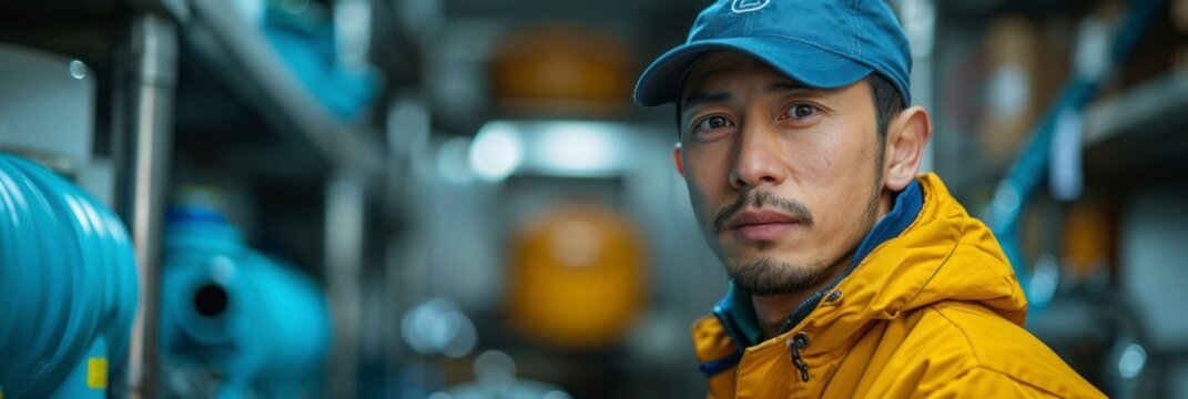 male Chinese plumber fixing a leaky pipe under the sink with expertise