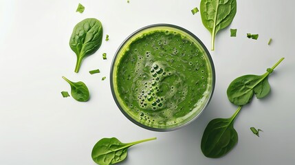 Obraz premium Green detox smoothie, fresh spinach on side, high angle, clean look