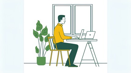Freelance and remote work concept. Young man working on laptop at home. Freelance job. flat line design.
