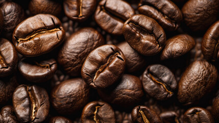 Fototapeta premium Close-up of roasted coffee beans, showcasing their rich textures and deep brown tones.