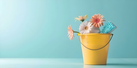 Cleaning supplies in yellow bucket against blue background for cleaning service. Concept Cleaning Service, Yellow Bucket, Blue Background, Household Supplies, Professional Cleaning