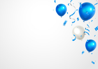 Blue and white balloons, confetti, ribbon vector illustration