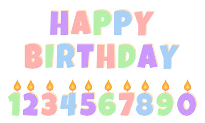 Set of colored burning candles for a birthday cake. Text happy birthday 3D. Inscription, element for a greeting card in pastel colors.