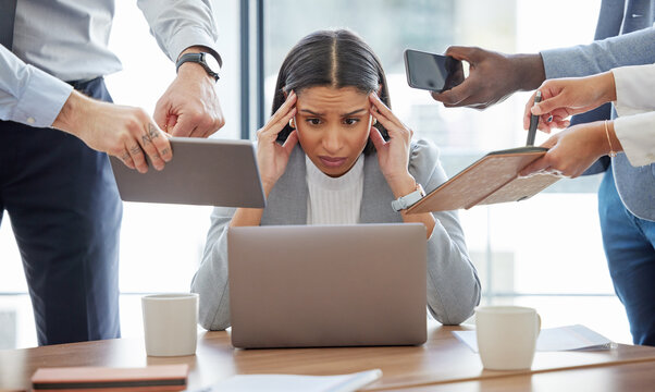 Multitasking, stress and woman overwhelmed in office with headache, burnout or accountant on audit. Frustrated, employee and anxiety for time management chaos, challenge or deadline in schedule