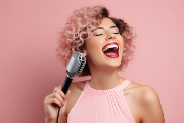 Portrait of a joyful woman in her 30s dancing and singing song in microphone in pastel pink background