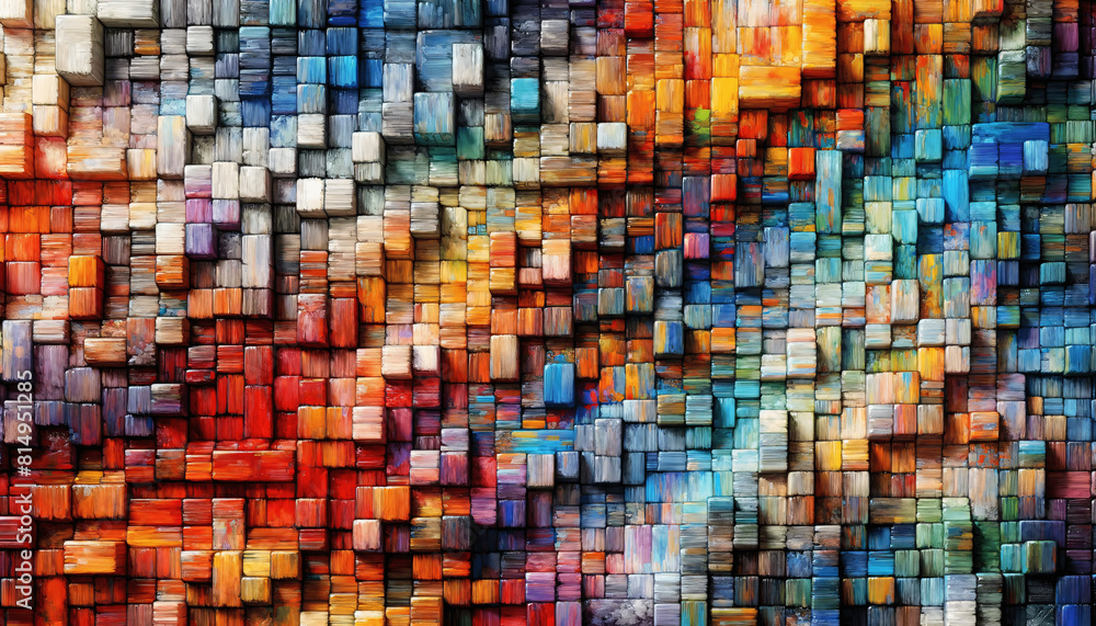 Poster a textured abstract surface created from an array of colorful wooden blocks, each individually paint