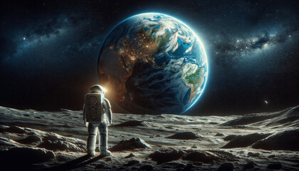 A dramatic space scene featuring an astronaut standing on the moon's surface, gazing at Earth in the distance