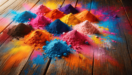 A vibrant and colorful scene featuring piles of colored powder arranged on a wooden surface