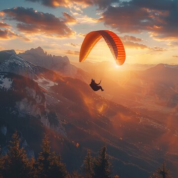 Against the backdrop of breathtaking scenery, a paraglider drifts peacefully through the sky, taking in the beauty of the world below 8K , high-resolution, ultra HD,up32K HD