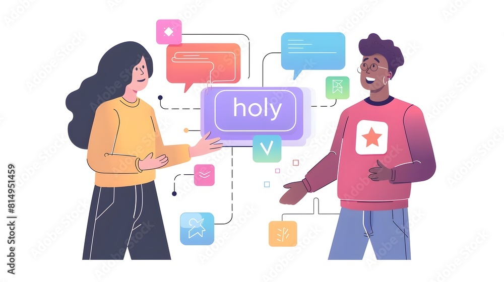 Poster two people in conversation with digital app interface