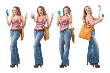 Collage set of smiling young woman showing mobile phone screen and credit card, smartphone for shopping online and payments in web store. Look in to the camera wears vintage bag and fashion clothes