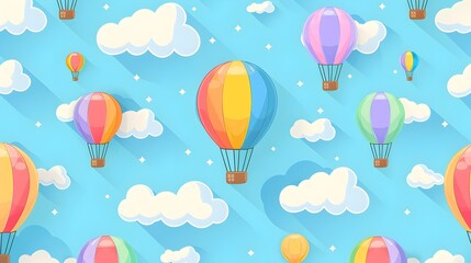 Colorful Air Balloons Soar Through Whimsical Pastel Sky in Seamless Playful Pattern for Children's