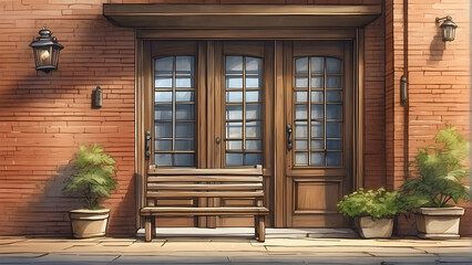 Digital art showing a welcoming brick townhouse entryway with a wooden bench and potted plants