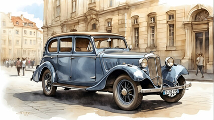 An illustrated image of an old-fashioned car parked on a cobblestone street with buildings and pedestrians in the background