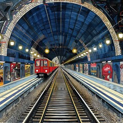 Obraz premium With the train emerging from the luminous tunnel, the journey towards the destination is symbolized by the transition into twilight