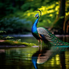 Obraz premium elegant peacock standing by the water amidst the forest natures beauty captured in vibrant colors,generate ai