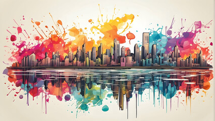 A vibrant abstract representation of a city skyline with splashes of colors reflecting in the water, suggesting urban diversity and energy