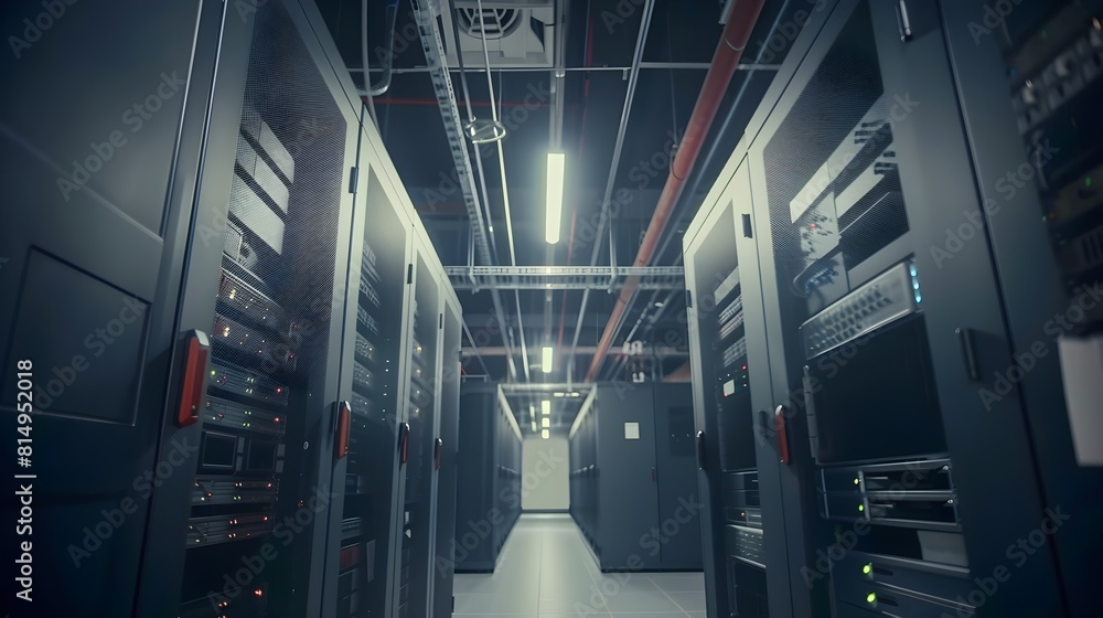 Poster futuristic and sophisticated data center with interconnected server racks