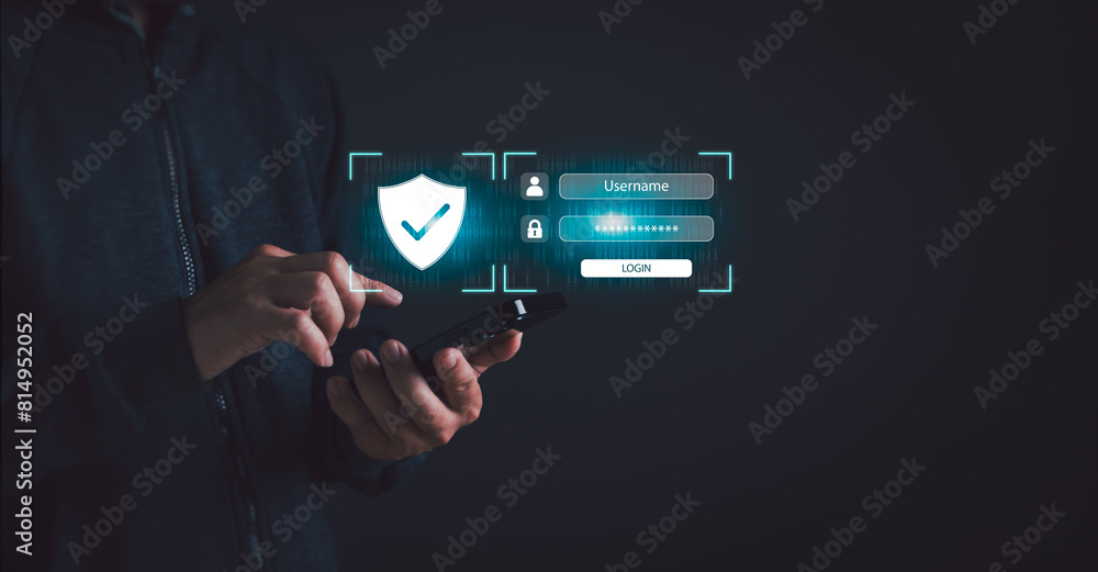 Poster cyber ​​security network, privacy protection concept, man uses phone login for network connection, i