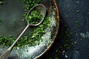 Plate and spoon with dried parsley on black table