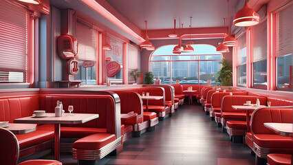 A digital rendering of a 1950s-themed diner with red booths, neon signs, and a classic American vibe