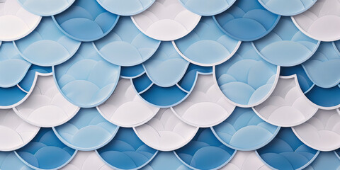 Fototapeta premium This image shows a close-up of a decorative wall textured with overlapping scales in shades of blue and white, resembling a stylized fish or dragon skin.