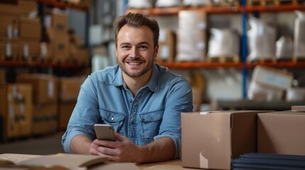 Confident Warehouse Worker with Smartphone