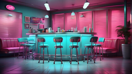 A retro diner scene, complete with pastel bar stools and neon pink glowing ambiance