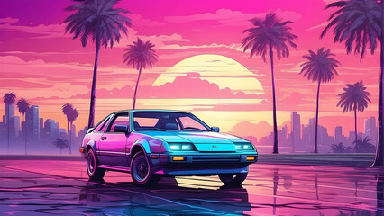 A sleek sports car in vibrant neon pink and blue sunset reflections