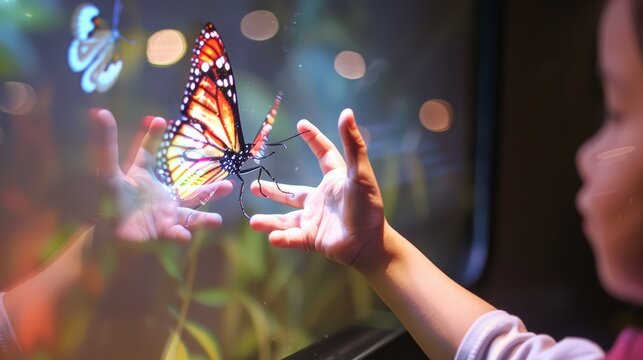 A child's hand reaches out to touch A butterfly holographic - Powered by Adobe