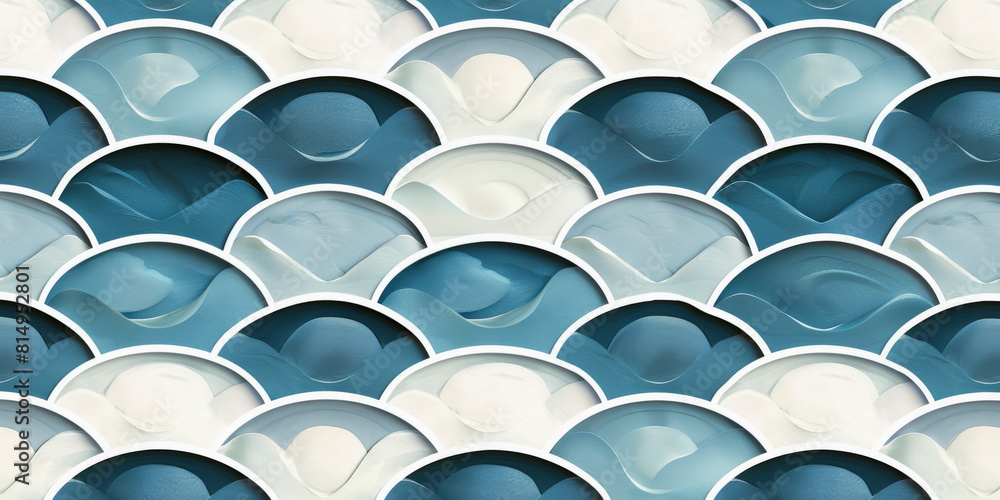 Poster the image shows a repetitive pattern of abstract, curvy shapes in shades of blue and white, creating