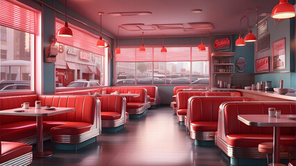 Fototapeta premium Digitally rendered diner with a classic 50s Americana style, featuring red booths and vintage decor