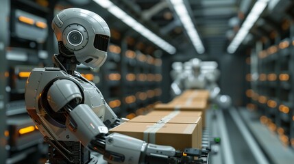 An automated robot in a factory effortlessly moves cardboard boxes, demonstrating the benefits of robotic automation 8K , high-resolution, ultra HD,up32K HD