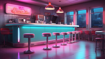 A cozy 50's style diner with a neon sign, retro stools, and a jukebox, giving off a nostalgic vibe
