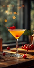 Luxurious orange cocktail with cherry garnish, luxury cocktails at exclusive bar, negroni, martini exclusive selection,Luxurious Orange Cocktail with Cherry Decoration: Exclusive Bar Delights in 4K HD